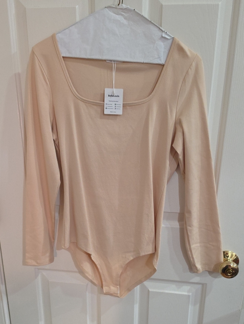 NWT BelleLovin Square Neck Long Sleeve Bodysuit - Nude / Beige (Size Large)